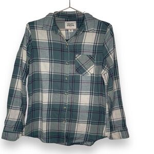 Field & Stream Long Sleeve Green Purple Cream Plaid Flannel Shirt